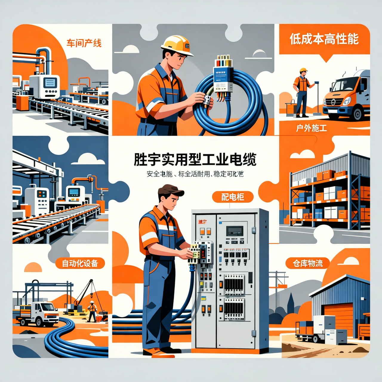 工业应用场景拼图：车间产线、自动化设备、配电柜、仓库物流、户外施工等场景中使用胜宇实用型工业电缆
