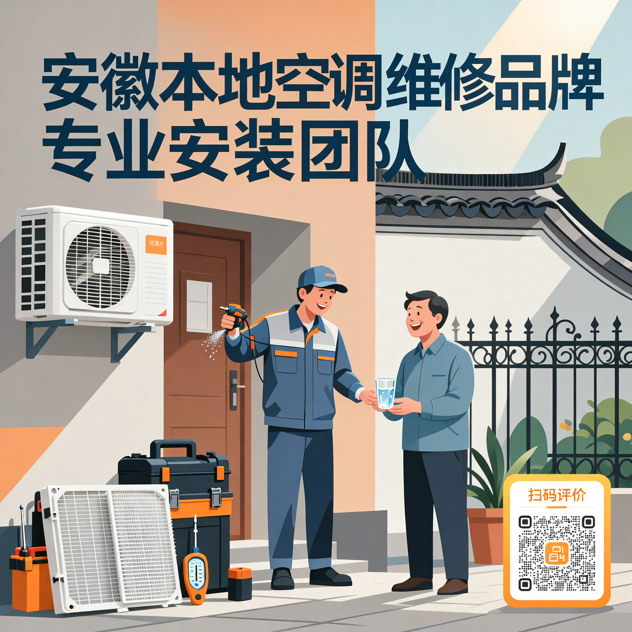 温暖叙事插画，安徽街巷与小区外景，空调安装师傅上门维修，用户微笑递水，旁边有工具包、空调滤网、温度表与二维码服务平台，画面用柔和晨光与干净线条，突出本地化空调安装公司、空调维修服务靠谱、安徽空调维修品牌与专业安装团队